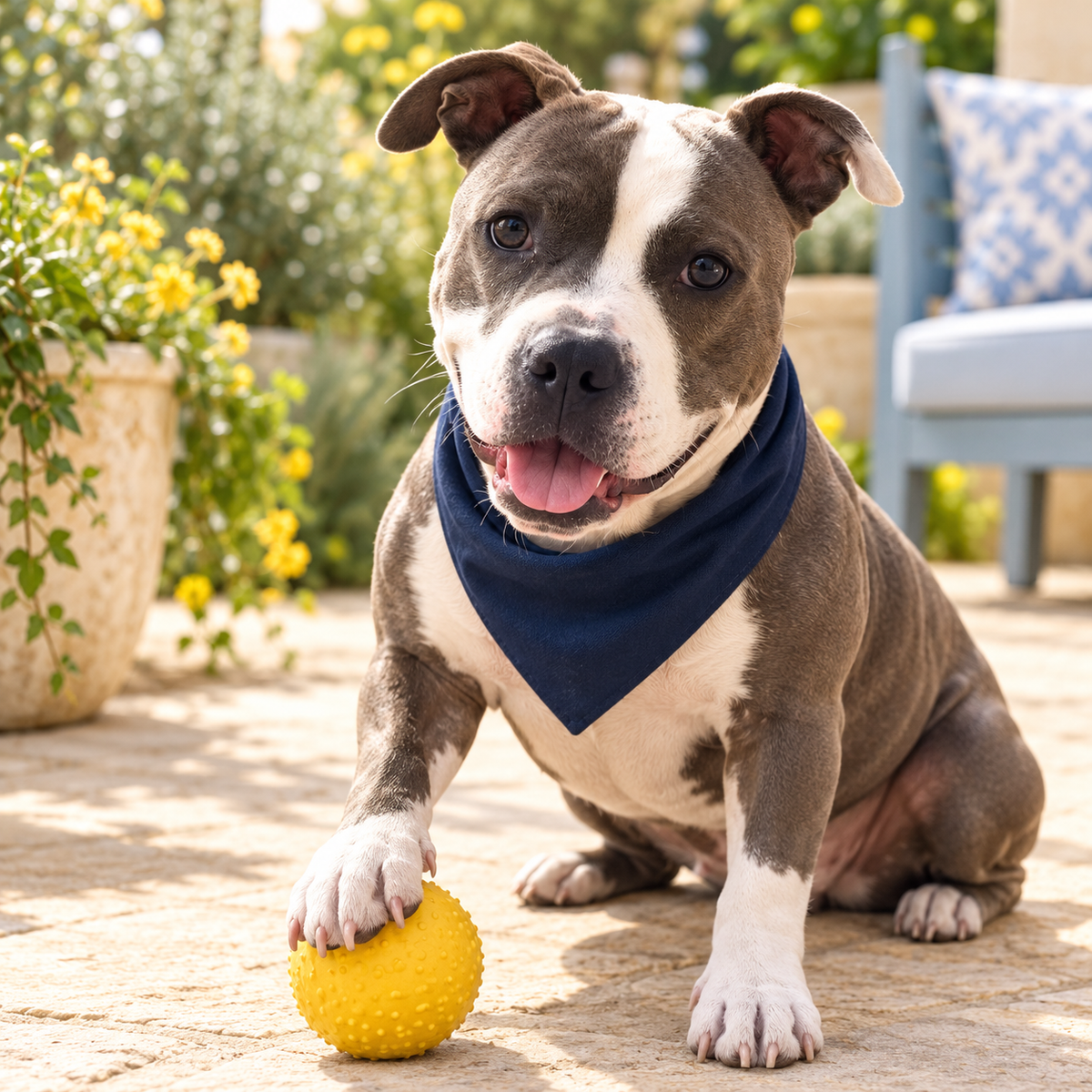 Samantha, SnoutSupply's gray-and-white dog, playing with a yellow ball on a sunny garden terrace.