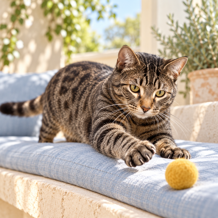 Wookie, SnoutSupply's brown tabby cat, reaching for a yellow ball on a blue garden cushion.